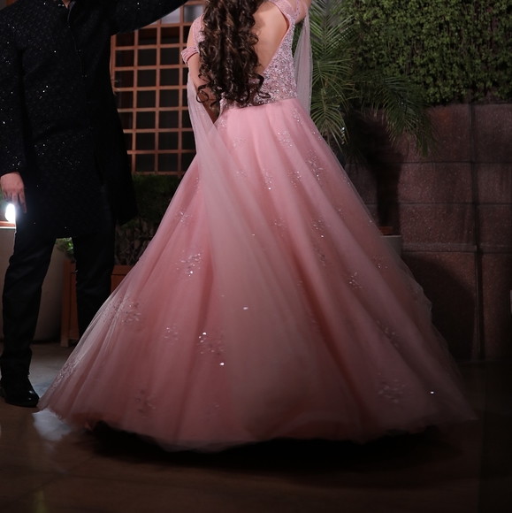 Shankuntlam Beautiful Pink Heavy Wedding Ball Gown with bell sleeves - Picture 3 of 6